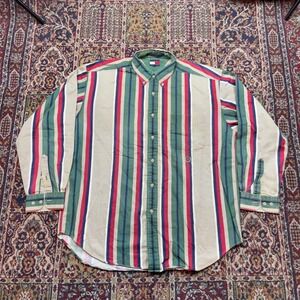 VTG 90s Tommy Hilfiger Striped Button Down Shirt L Crest Logo Green Red Brown